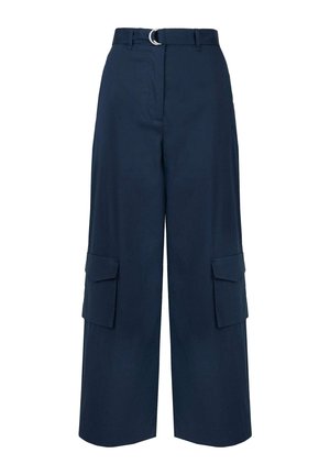 Pantaloni cargo blu navy con vita alta, design a gamba larga, due tasche laterali e una fibbia per cintura in tonalità argentata. Realizzati in tessuto leggero.
