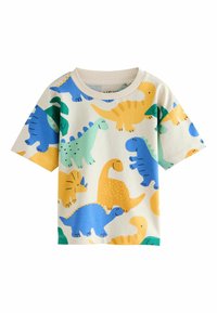 Lühikeste varrukatega T-särk, mis on valmistatud puuvillast, sisaldab mitmevärvilist dinosauruste mustrit sinises, rohelises, kollases ja oranžis valgel taustal.