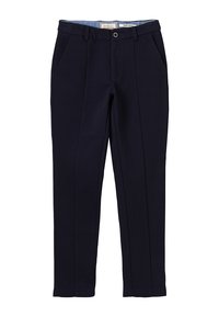 Pantalons ajustés bleu marine, avec un tissu lisse, une taille plate, deux poches latérales et une fermeture par agrafe pour un maintien sécurisé.