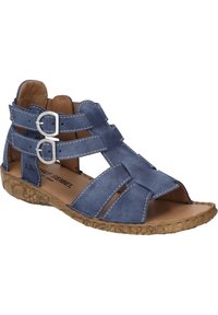 Sandalo in pelle blu con cinturini larghi, dettagli con doppia fibbia, design a punta aperta e suola in morbido marrone chiaro.
