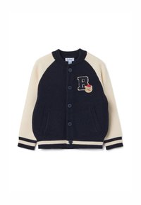 Cardigan per bambini in blu navy e crema con maniche raglan, chiusura a bottoni e tasche frontali. Presenta un ricamo con la lettera "B" e un design di personaggio.