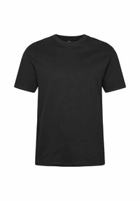 Preprosta črna majica s kratkimi rokavi in okrolim izrezom, položena ravno in obrnjen obraz naprej, izdelana iz bombažnega blaga.