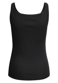 Top nero senza maniche con texture a costine, caratterizzato da un scollo quadrato e spalline sottili. Il materiale sembra elasticizzato e aderente. Senza fantasie o decorazioni.