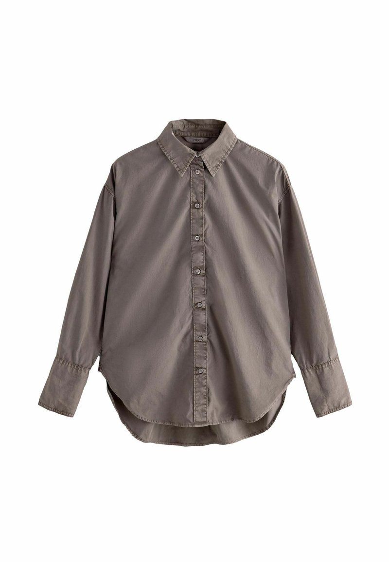 Long-sleeve, button-up shirt in muted taupe, featuring a classic collar, soft cotton material, and a curved hem.