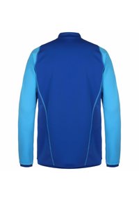 Langarmjack met een blauwe body en lichtblauwe mouwen, een hoge kraag en contrasterende stiksels langs de zijkanten. Glad textuur.