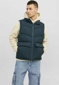 Dark green padded vest with a high collar, two front pockets, and a zip closure, worn over a light beige hoodie and blue jeans.