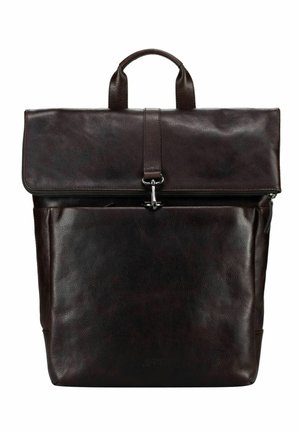 Dark brown leather backpack with flap top secured by metal clasp and carry handle, showing smooth textured surface and rectangular shape.