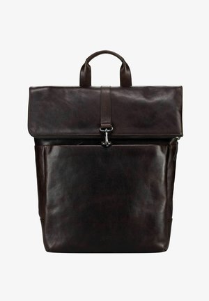 Dark brown leather backpack with flap top secured by metal clasp and carry handle, showing smooth textured surface and rectangular shape.