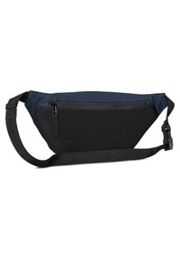 Marsupio in rete nera con una tasca frontale con zip, tessuto resistente, tracolla regolabile e una forma angolata elegante per facilitare l'accesso.