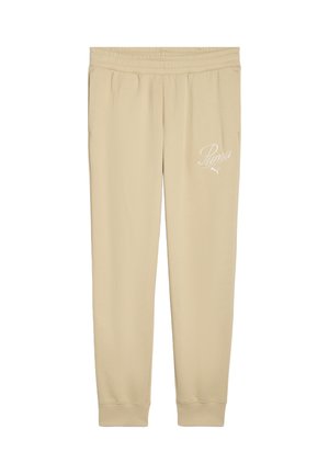 Beige bomulds sweatpants med elastisk talje, opskruede ender og et hvidt Puma-logo trykt på venstre ben. Glat, let tekstur.