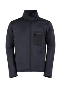Fleece jacket in dark gray with a high collar, zip front, and a chest pocket. Features a textured fabric and subtle design accents.