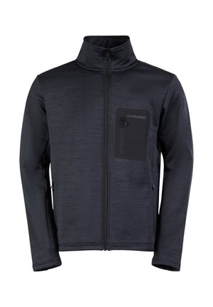 Veste en polaire gris foncé avec un col haut, fermeture éclair à l'avant et une poche poitrine. Elle présente un tissu texturé et des accents de design subtils.