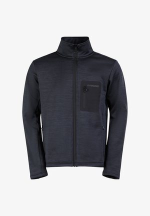 Veste en polaire gris foncé avec un col haut, fermeture éclair à l'avant et une poche poitrine. Elle présente un tissu texturé et des accents de design subtils.