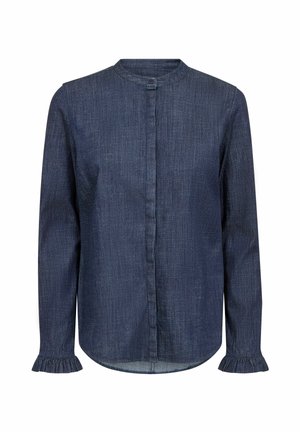 Camicia di jeans a maniche lunghe blu scuro con colletto alla coreana, bottoni frontali nascosti e polsini arricciati.