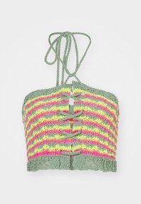 Haut de bikini au crochet avec des rayures vertes, roses et jaunes. Présente un design à lacets à l'avant et un ourlet festonné. Fabriqué en fil texturé.