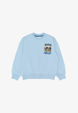 Lichtblauw sweatshirt met lange mouwen, geribde manchetten en een grafische print met een hamburger en het woord "WANTED" op de voorkant.
