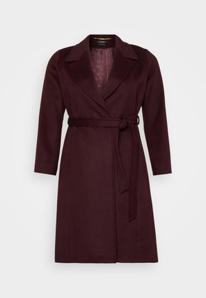 Burgundska volnena bunda z izrezanim ovratnikom, dolgimi rokavi in pasom z lastnim zavezovanjem. Podložena notranjost ima blagovno znamko vzorec.