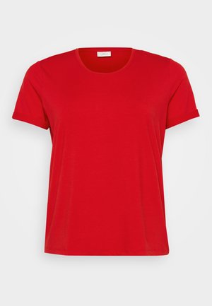 T-shirt vermelho de manga curta com decote redondo, feito de um tecido de algodão macio, apresentando um corte relaxado e uma textura suave.