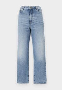 Jeans de denim azul claro, com cintura alta e design de perna reta, apresentando um fecho de botão visível e um desbotamento mínimo para um visual limpo.