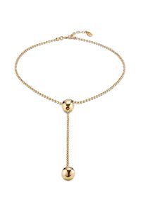 Collar choker de oro con cadena de cuentas, que presenta dos detalles esféricos pulidos, uno en el centro y otro colgante. Cierre ajustable.