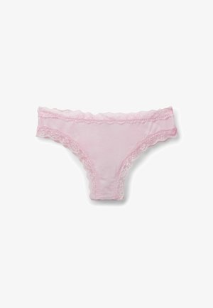 Light pink cotton thong with lace trim, featuring wavy edges and a soft texture. Lace accents add a delicate finish to the design.
