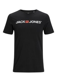 Svart bomullströja med kort ärm, prydd med "JACK & JONES"-logotypen i vitt och rött över bröstet. Inga ytterligare mönster.