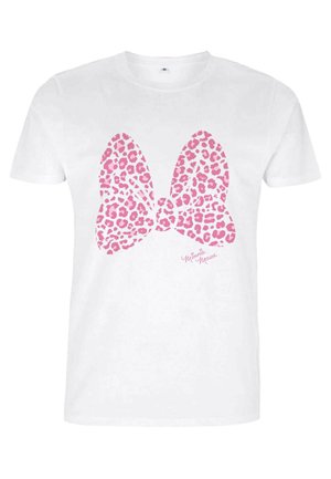 T-shirt bianco in cotone con una grande grafica a forma di fiocco di leopardo rosa sulla parte anteriore, con il testo "Minnie Mouse" sottostante.
