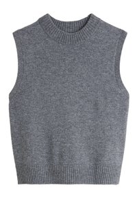 Pull gris sans manches avec un col rond côtelé et un ourlet inférieur. Le tissu semble doux avec une texture subtile. Pas de motifs ni d'embellissements.