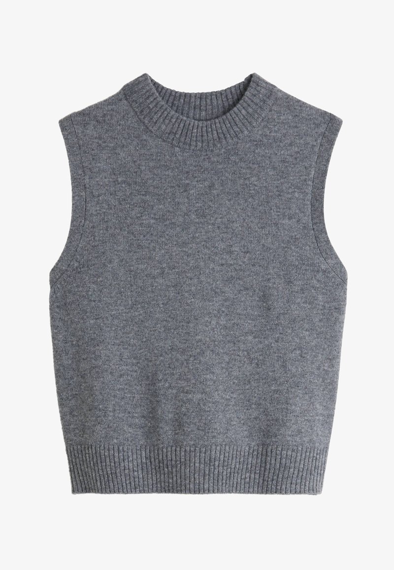 Pull gris sans manches avec un col rond côtelé et un ourlet inférieur. Le tissu semble doux avec une texture subtile. Pas de motifs ni d'embellissements.