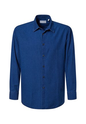 Dunkelblaues Hemd mit langen Ärmeln, klassischem Kragen und glatter Textur, mit schwarzen Knöpfen auf der Vorderseite.