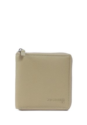 Portafoglio in pelle di un beige chiaro con finitura texturizzata, forma quadrata, chiusura a zip e marchio impresso sul davanti.