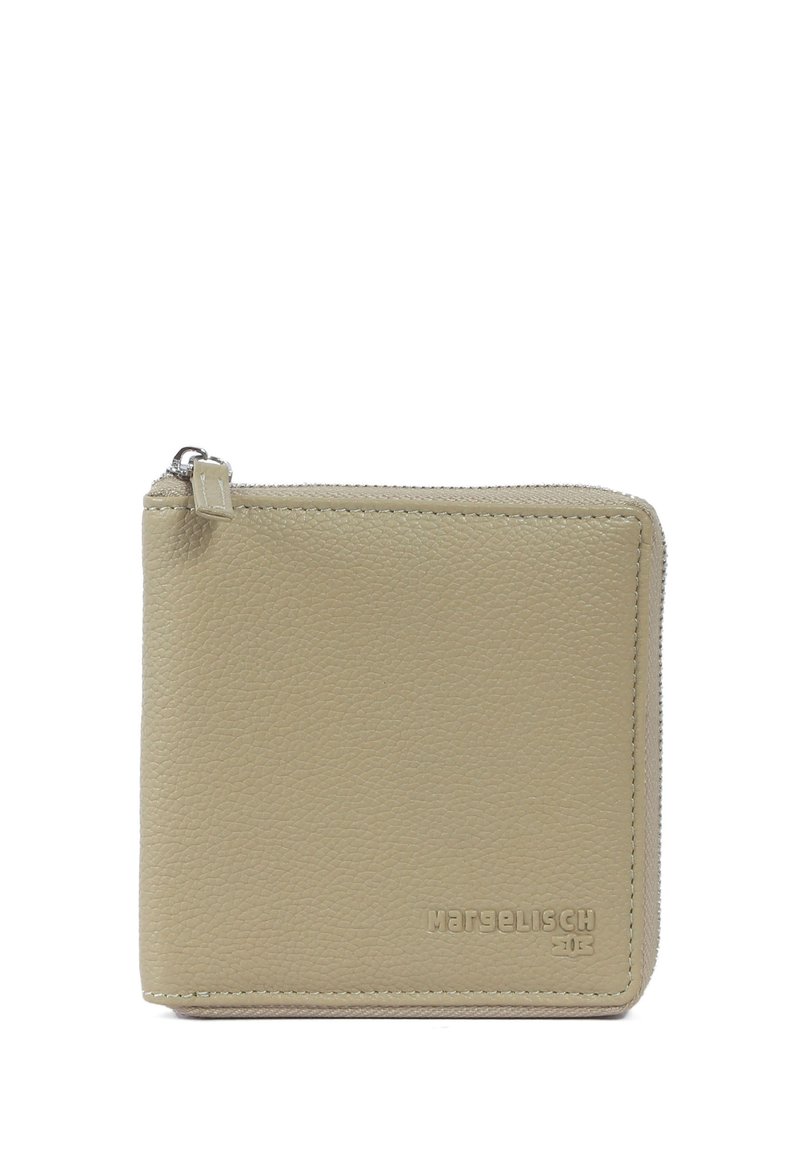 Leather wallet in light beige with a textured finish, square shape, zip closure, and embossed branding on the front.