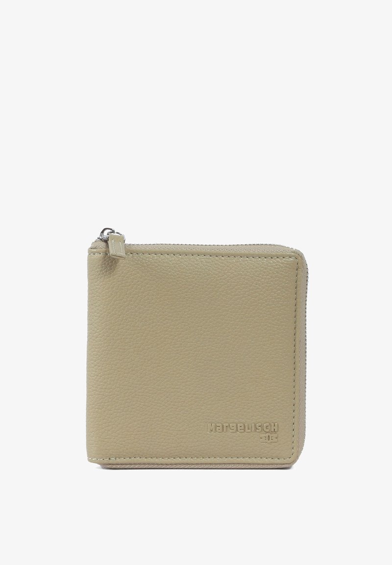Leather wallet in light beige with a textured finish, square shape, zip closure, and embossed branding on the front.