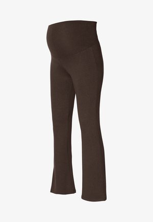Leggings maternità in marrone scuro, realizzati in tessuto elasticizzato. Presentano una ampia fascia in vita per il supporto e un design a gamba svasata per il comfort.