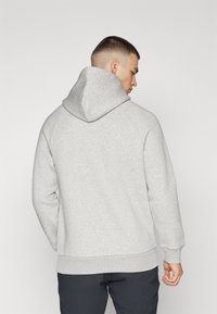 Un sweat à capuche gris avec un cordon de serrage, des manches longues et des poignets côtelés. Présente une texture subtile et une coupe décontractée, montré de l'arrière.