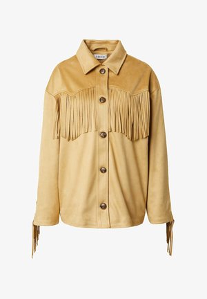 Beige Wildlederjacke mit fransigen Details über der Brust und an den Säumen, mit einem Kragen und großen braunen Knöpfen auf der Vorderseite.