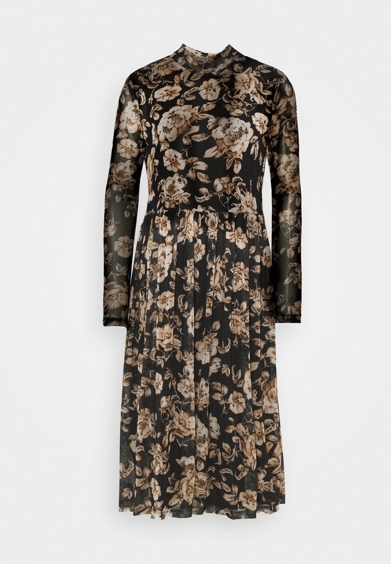 Robe midi noire à manches longues avec motif floral beige et marron, col haut et taille froncée.