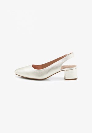 Chaussure slingback en cuir argenté avec un petit talon bloc et un bout pointu, vue de profil sur un fond blanc.