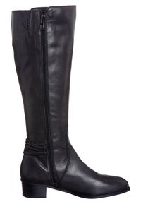 Knähöga svarta läderstövel med en slät yta, sidodragkedja och låg klossklack. Har subtila sammankomster vid ankeln för extra textur.