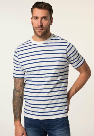 Baumwoll-T-Shirt mit Rundhalsausschnitt, horizontalen blauen Streifen auf weißem Hintergrund. Kurze Ärmel und lockere Passform, ergänzt durch ein strukturiertes Muster.