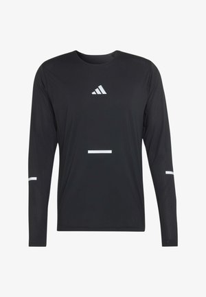 Czarna sportowa koszulka z długim rękawem i okrągłym dekoltem, logo Adidas na piersi oraz małe białe odblaskowe paski na rękawach i na środku z przodu.