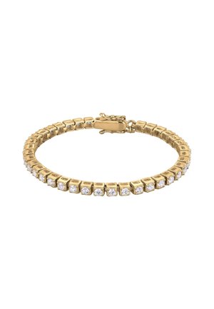 Goldener Tennisarmband mit quadratischen Fassungen, die jeweils einen runden klaren Edelstein halten, gesichert durch einen Kastenschloss mit Sicherheitsriegel.