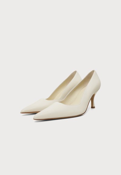 Paire d'escarpins blancs en cuir à bout pointu avec des talons étroits de hauteur moyenne sur un fond clair uni.