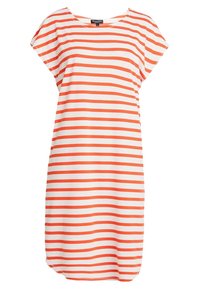 Wzorzysty sukienka w pomarańczowe i białe poziome paski, z krótkimi rękawami, okrągłym dekoltem, luźnym krojem oraz zaokrąglonym hem. Wykonana z miękkiego materiału bawełnianego.