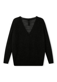 Zwarte trui met V-hals, gemaakt van zachte, textuurrijke stof. Heeft lange mouwen en een ontspannen pasvorm, zonder zichtbare patronen of extra details.
