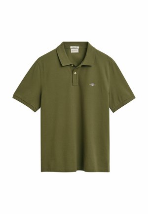 Polo shirt verde oliva in tessuto misto cotone, con colletto classico, maniche corte e logo ricamato sul petto.