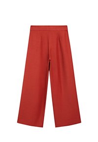 Rode wijde broek met een platte tailleband, midden-rising pasvorm en een gladde textuur, met lichte plooien aan de voorkant en een strakke rand aan de zoom.