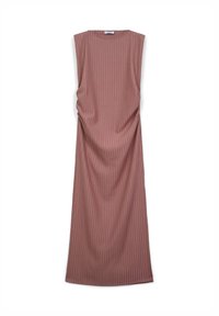 Sleeveless ribbed midi dress in dusty rose with a round neckline and side ruching detail on a white background.