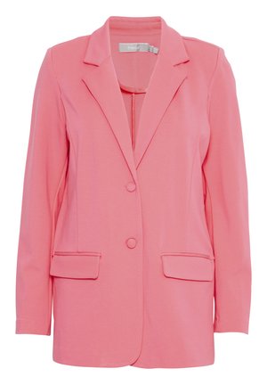 Roza blejzer s oštrim kragnom, dva prednja džepa, zatvaranje s jednim gumbom i dugim rukavima. Glatka tkanina i kroj prilagođen tijelu.