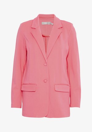 Blazer rosa con cuello de muesca, dos bolsillos frontales, cierre de un botón y mangas largas. Tejido suave con un ajuste entallado.